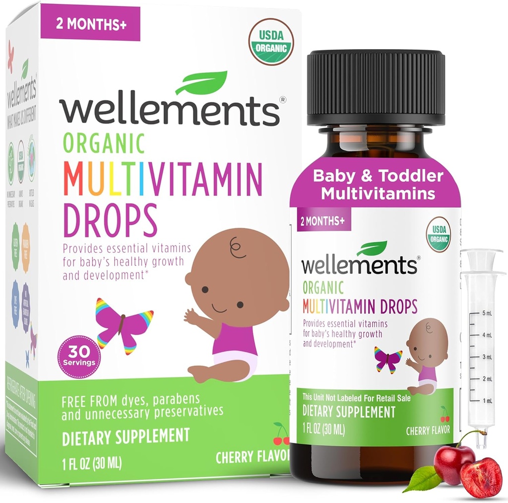 Wellows Organic Baby Multivitamin Drops (1 Fl Oz) - Cherry Flavor Flydende Multivitaminer til spædbørn og tandlæger (2 måneder +) - Toddler Vitaminer til immunforsvar *, sund vækst & benudvikling *