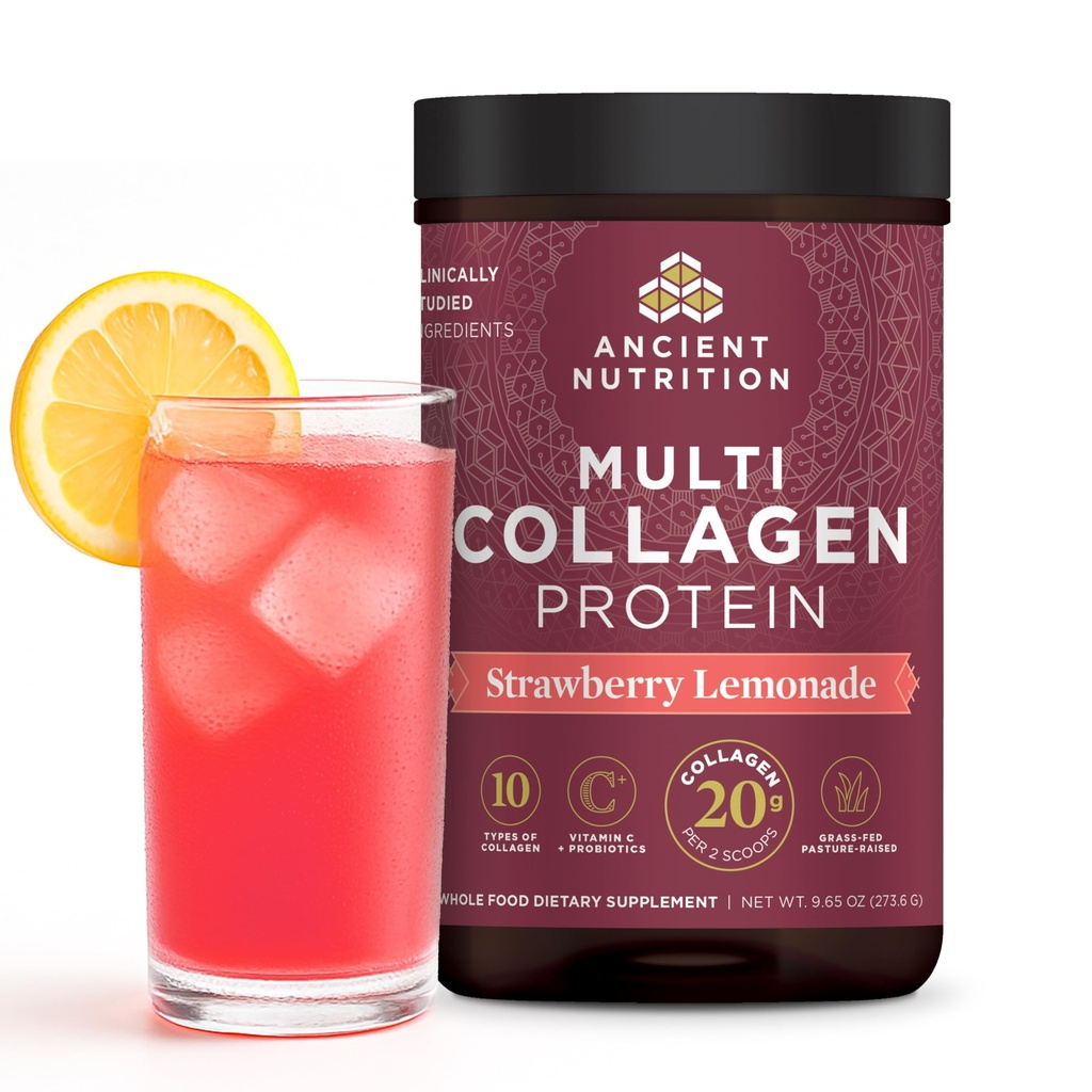 Ancient Nutrition Collagen Peptider Powder, Multi Collagen Protein, Kvinder & Mænd, C-vitamin, Probiotika, Hydrolyseret Collagen, Understøtter Hud, Joints, Gut Sundhed, Jordbær Lemonade, 24 Servere