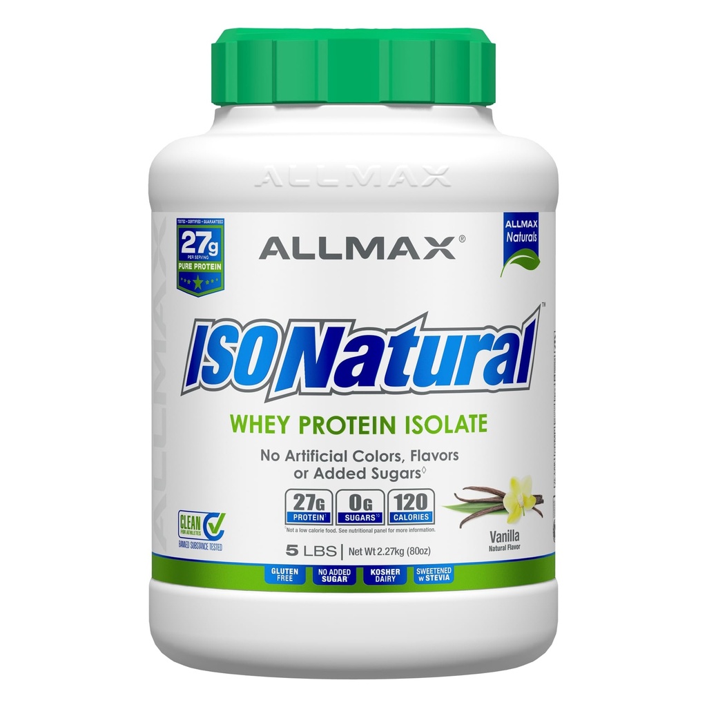ALLMAX Nutrition ISONATUR Whey Protein Isolate, Vanilla - 5 LB - 27 Gram Protein Per Scoop - Zero Fat & Sugar - 99% laktosefri - med Prebiotika - Ingen kunstige flavors - 73 Servering