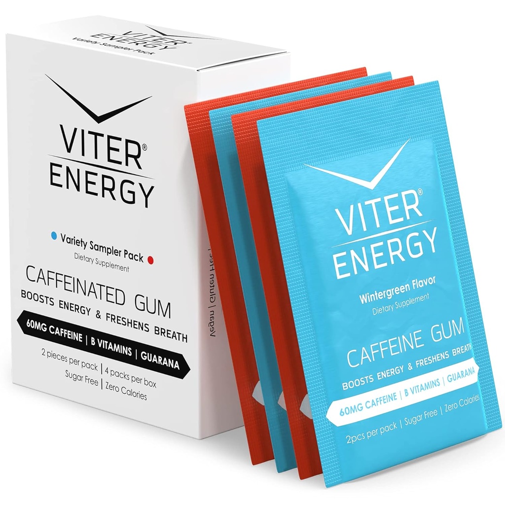 Viter Energy Coffeined Gum 60mg Koffein, B Vitamin, Guarana, Sugar Free. (Variety, 2pcs, 4 Pack)