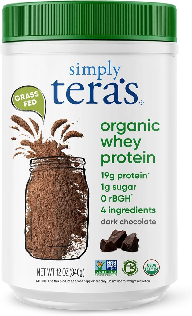 simpelthen tera 's Organic Whey Protein Powder - Græs Fed Whey Protein Powder uden kunstige sødestoffer, ren, ikke-GMO, Glutenfri - mørk chokolade, 12 Oz.
