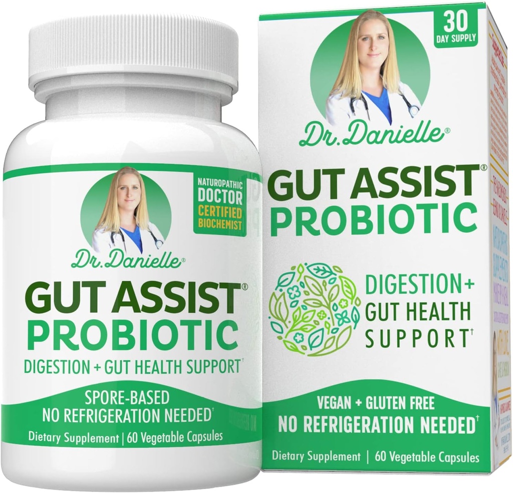 Gut Assist Probiotic - Probiotika for kvinder og mænd, Voksne af Dr. Danielle - Hylde Stable Probiotic Supplement - Ingen køling nødvendigt - Bacillus - 60 kapsler
