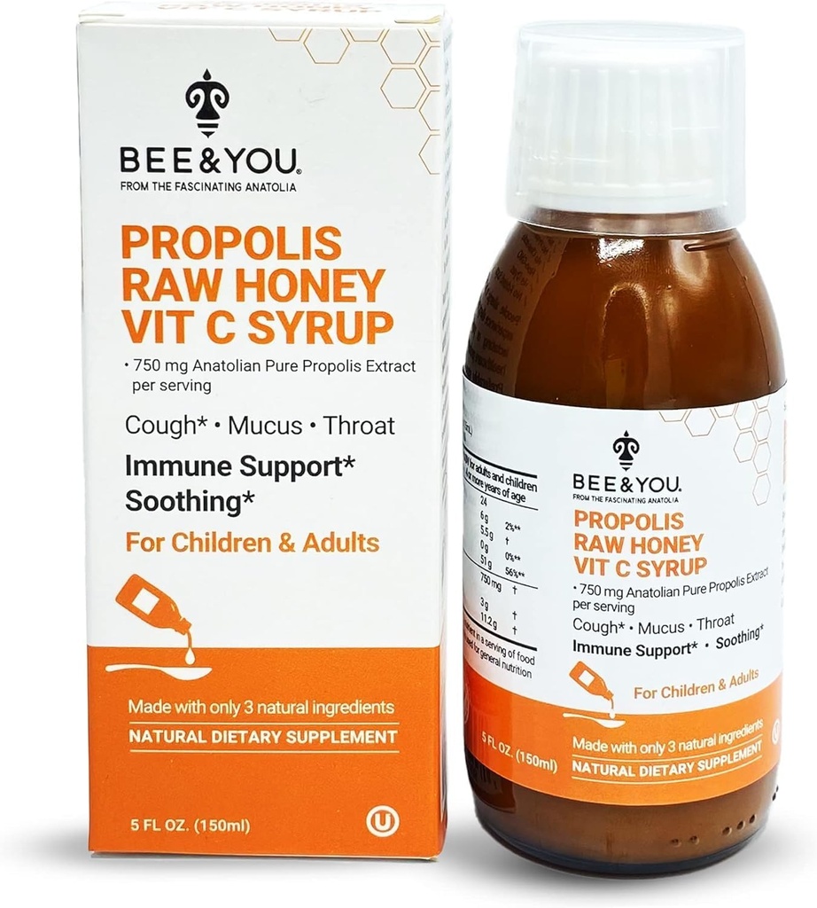 BEE og du Propolis Extract Hoste Syrup w / C-vitamin, beroligende honning, naturlig immunforsvar, Sore Throat Relief, antioxidanter, for børn & voksne, 5 Fl Oz, for mænd og kvinder