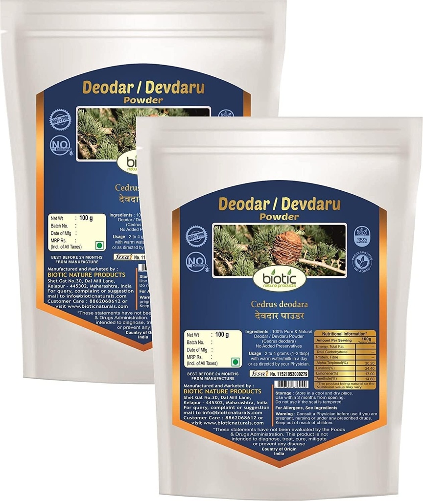 Veena Biotic Deodar Powder (Cedrus Deodara) Devadaru Powder - 200 gm (pakke med 2)