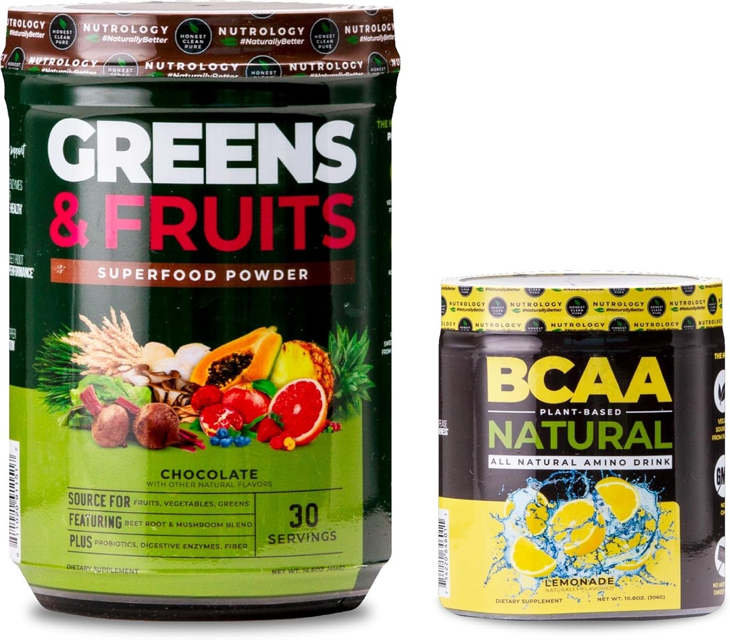 Nutrologi Grønne & frugter Powder- naturligt sourced superfood, chokolade (30 Servere) BCAA Natural, Plant Based BCAA Powder, Lemonade Flavor (30 Servere)