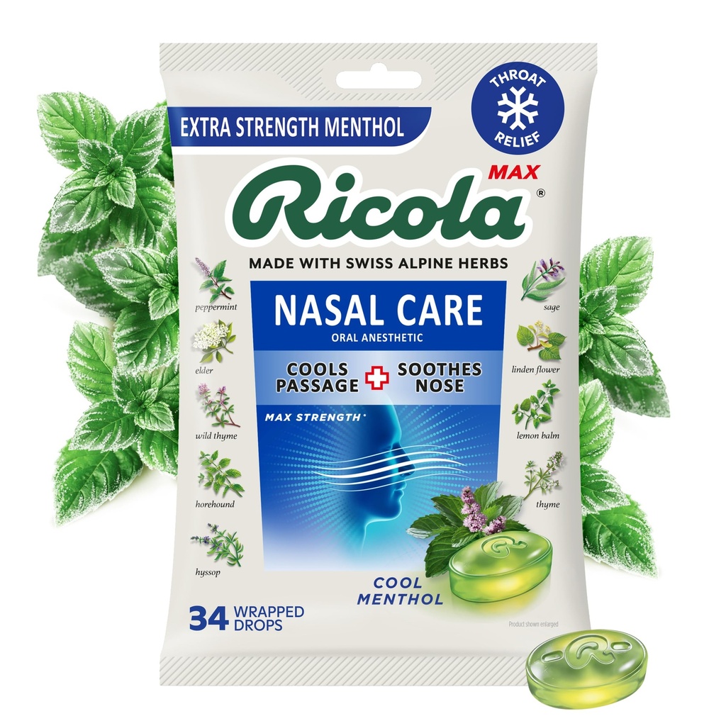 Ricola Max Cool Menthol Nasal Care Large Bag ttesmå 124; Host suppressant Drops stesæt 124; Dual Action Liquid Center ttesmå 124; Lindrende Long- Lasting Relief - 34 Greve (pakke med 1)