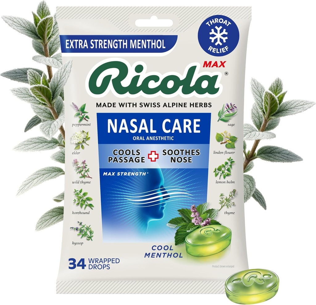 Ricola Max Cool Menthol Nasal Care Large Bag ttesmå 124; Host suppressant Drops stesæt 124; Dual Action Liquid Center ttesmå 124; Lindrende Long- Lasting Relief - 34 Greve (pakke med 1)