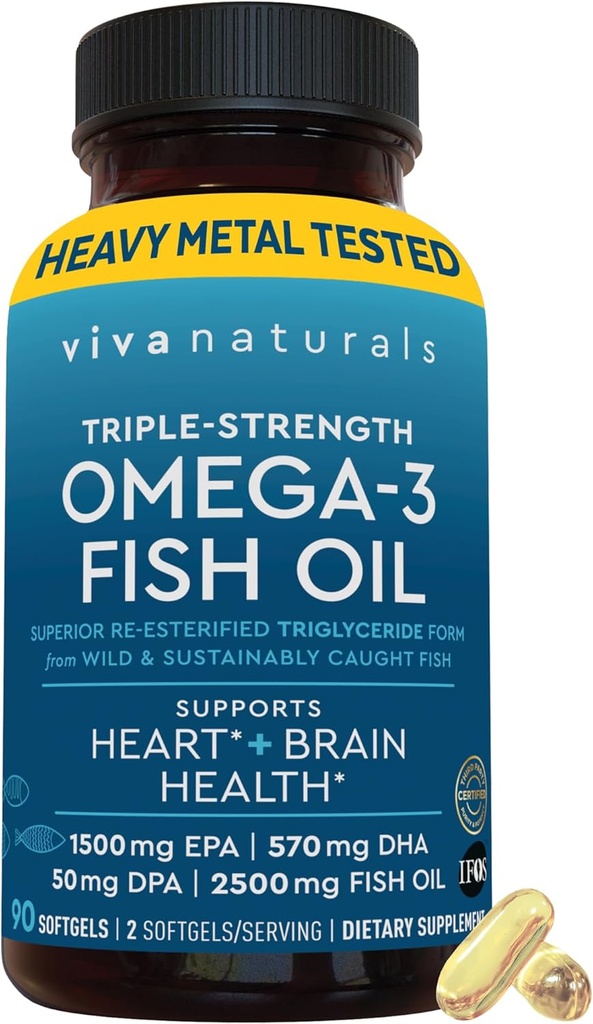 Viva Naturals Triple Strength Omega 3 Fish Oil Pills - 2500 mg højpotens Formel med 2250 mg Omega 3 Fedtsyrer (herunder EPA, DHA, DPA) i rTG Form for Absorption - IFOS Certificeret, 90 Softgels