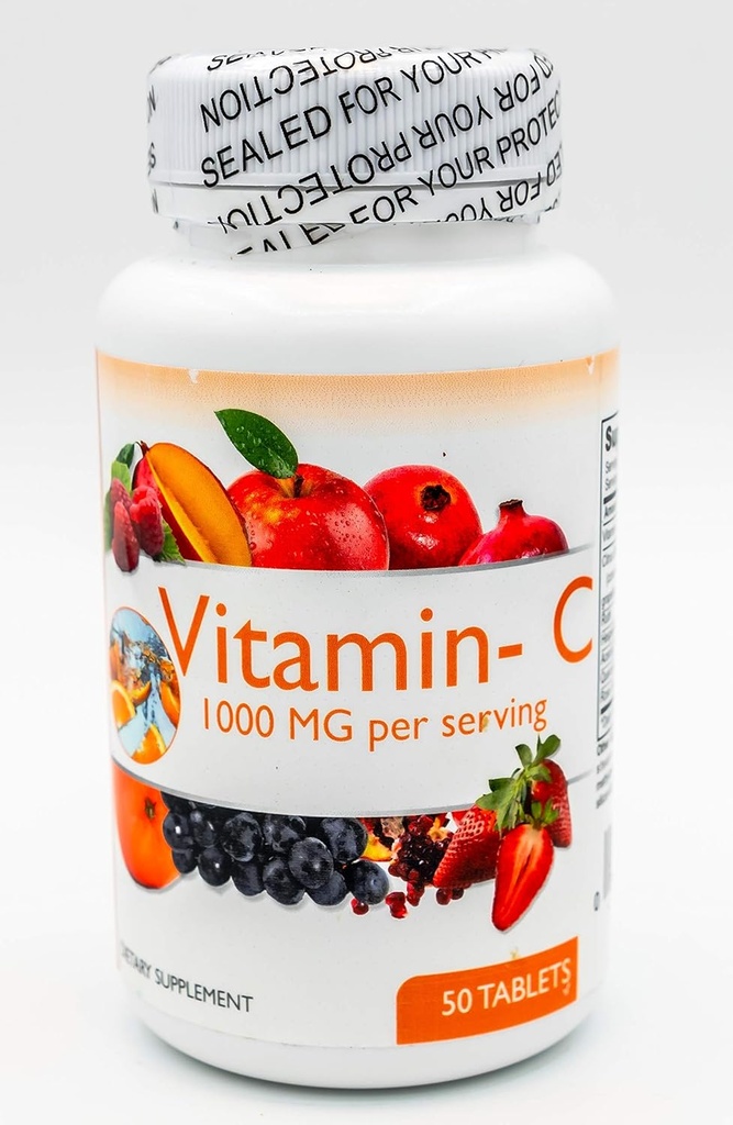 Vitamin C 1000 MG 50 tabletter og Rose HIPS Support Øre problemer Sunde øjne kapillærer Understøtter immunabsorption af jern Godt for seniorer Lavet i USA FDA Registreret facilitet Gluten F