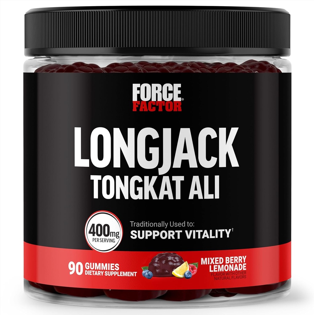 Kraftfaktor Longjack Tongkat Ali Gummies, Tongkat Ali for mænd til at støtte mandlige vitalitet og drev, 400mg Tongkat Ali med BioPerine, blandet Berry Lemonade, 90 Gummies