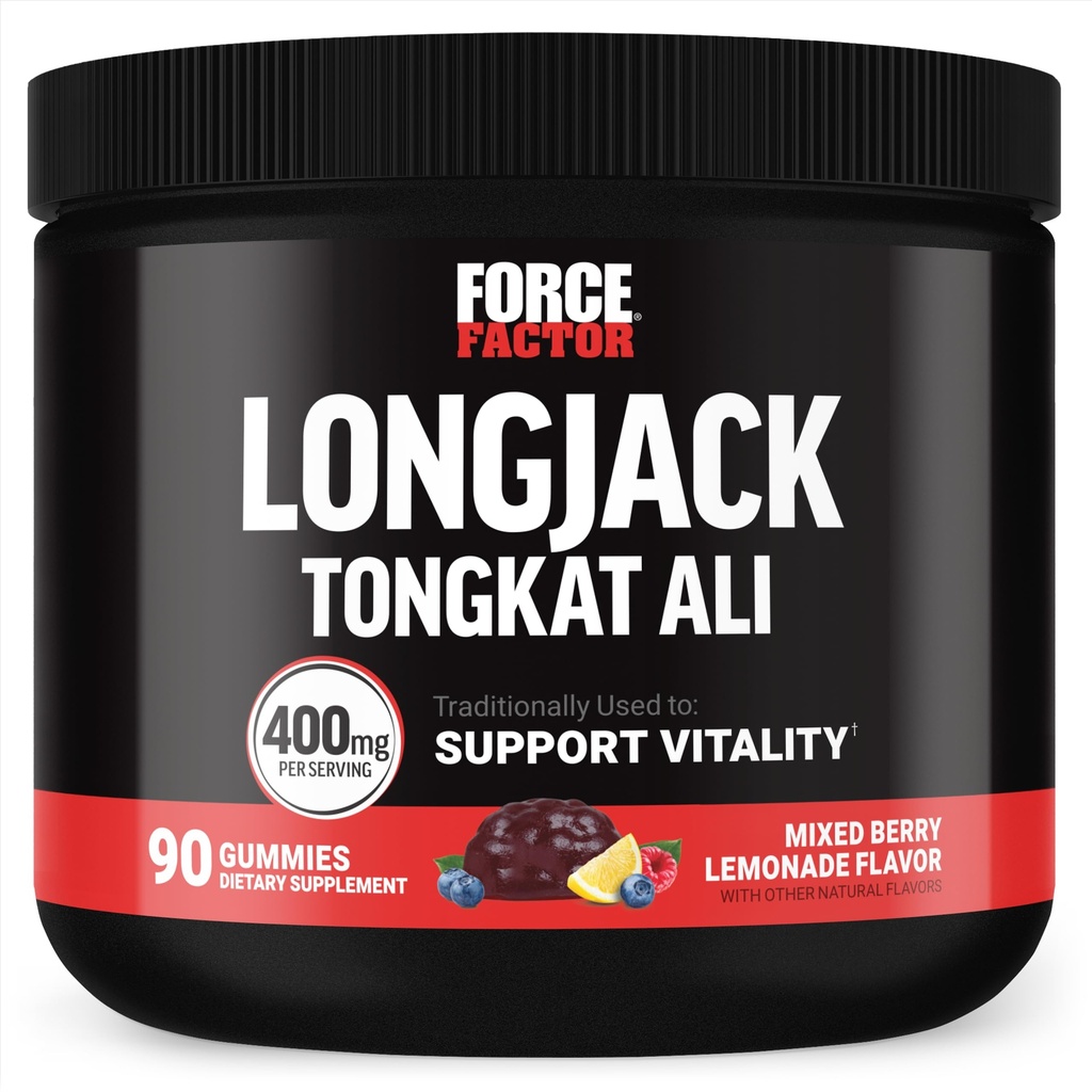 Kraftfaktor Longjack Tongkat Ali Gummies, Tongkat Ali for mænd til at støtte mandlige vitalitet og drev, 400mg Tongkat Ali med BioPerine, blandet Berry Lemonade, 90 Gummies