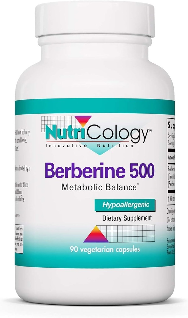 Nutricology Berberine 500mg Supplement - Multi- facetslebet metabolisk støtte, understøtter sund Cholesterol, Indisk Barberry Root, Hypoallergen, Vegetariske Kapsler - 90 Tæl