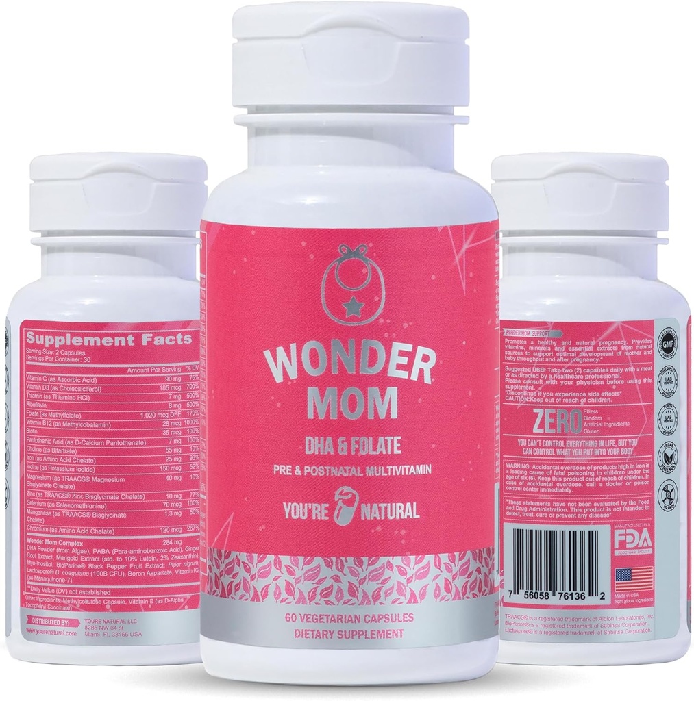 Premium Prenatal & Postnatal Vitaminer: Folate, DHA, Cholin, Iron, B12, Multivitamin & Probiotika, Understøtter Føtal Brain Development, Graviditet & Postpartum Sundhed, Vegan, Non- GMO, Gluten- Free, 30 dage