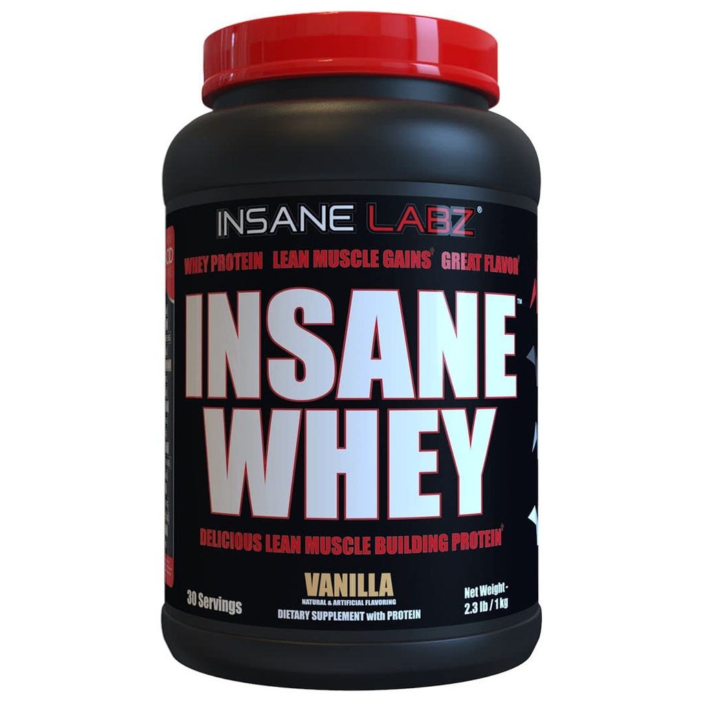 Insane Labz Insane Whey, 100% Muscle Building Whey Protein, BCAA Amino Profile, Mass Gainer, Meal Erstatning (Vanilla, 30 Servere)