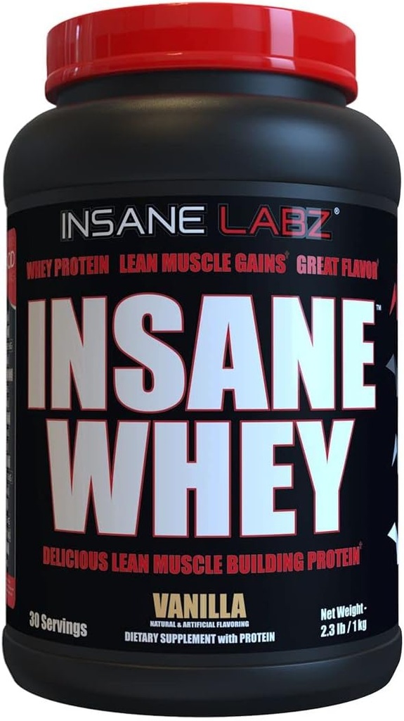 Insane Labz Insane Whey, 100% Muscle Building Whey Protein, BCAA Amino Profile, Mass Gainer, Meal Erstatning (Vanilla, 30 Servere)