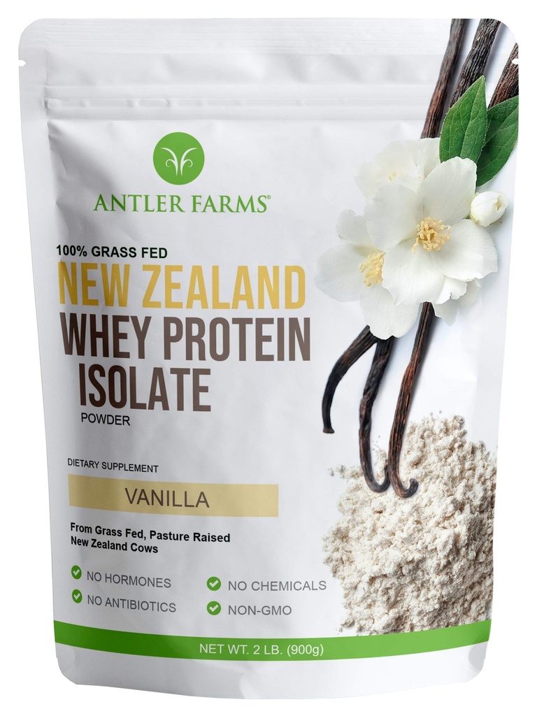 Antler Farms - 100% Græs Fed New Zealand Whey Protein Isolate, Vanilla Flavor, 2 lbs - Ren og ren, 4 ingredienser, lækker, kold forarbejdet