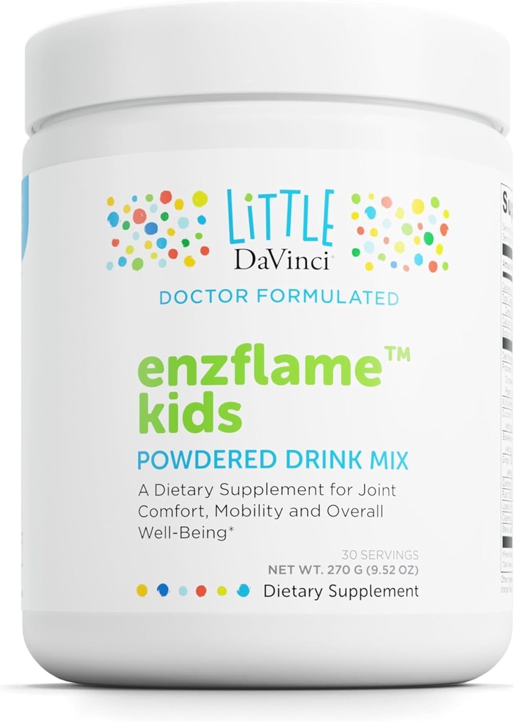 Little DaVinci Enzflame Kids - Powder Drink Mix supplement til støtte muskel og fælles komfort, mobilitet og immunforsvar * - Med calcium, natrium, enzymer, DMG og mere - Orange Flavor - 30 Tjenester