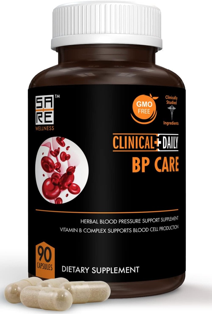 Klinisk daglig BP Care - Ikke GMO kosttilskud. Hawthorne Berry BP Optimizer. Folinsyre, niacin, hvidløg, Uva Ursi, Buchu, Hibiscus, Vitamin B6 B12, C. 90 ct