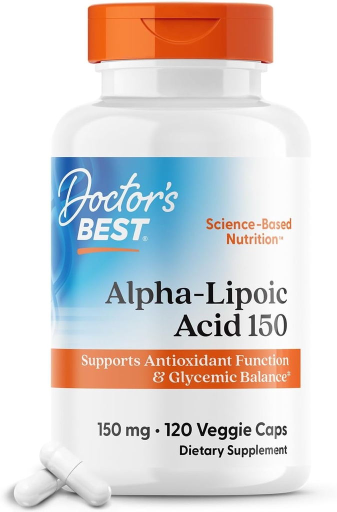 Doctor 's Best Alpha- Lipoic Acid 150, Hjælper Support Glucose Metabolisme og Regenerate Antioxidanter * Non- GMO, Gluten Free, Vegan, Soy Free, 150mg, 120 Veggie Caps
