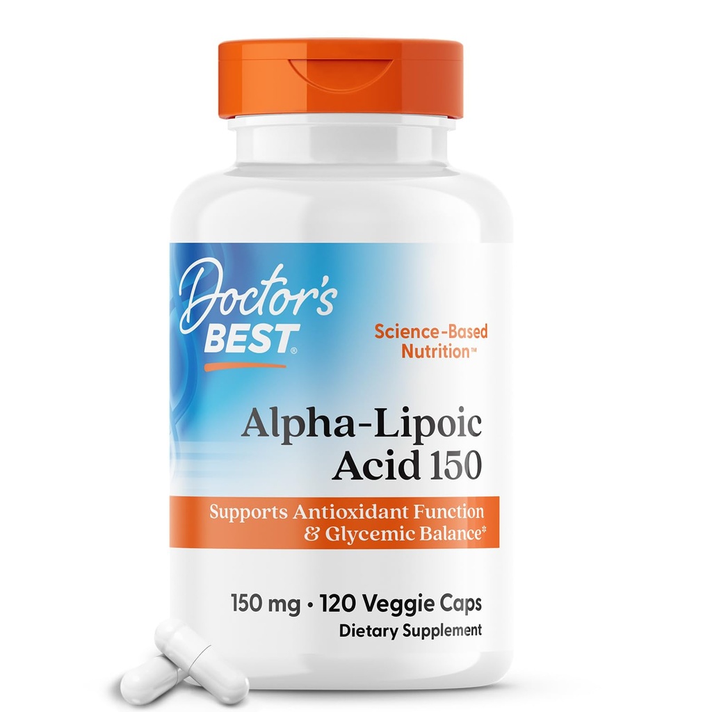 Doctor 's Best Alpha- Lipoic Acid 150, Hjælper Support Glucose Metabolisme og Regenerate Antioxidanter * Non- GMO, Gluten Free, Vegan, Soy Free, 150mg, 120 Veggie Caps