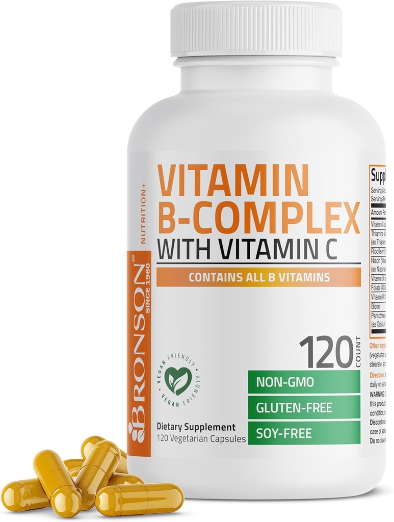 Bronson Vitamin B Kompleks med C-vitamin - immunforsvar, energistøtte & nervesystem support - non-GMO, 120 vegetariske kapsler