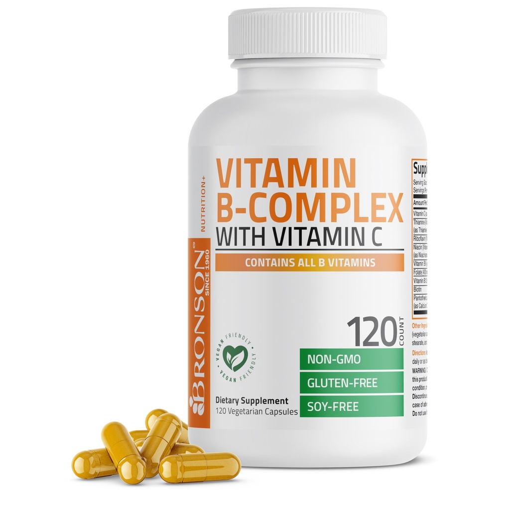 Bronson Vitamin B Kompleks med C-vitamin - immunforsvar, energistøtte & nervesystem support - non-GMO, 120 vegetariske kapsler