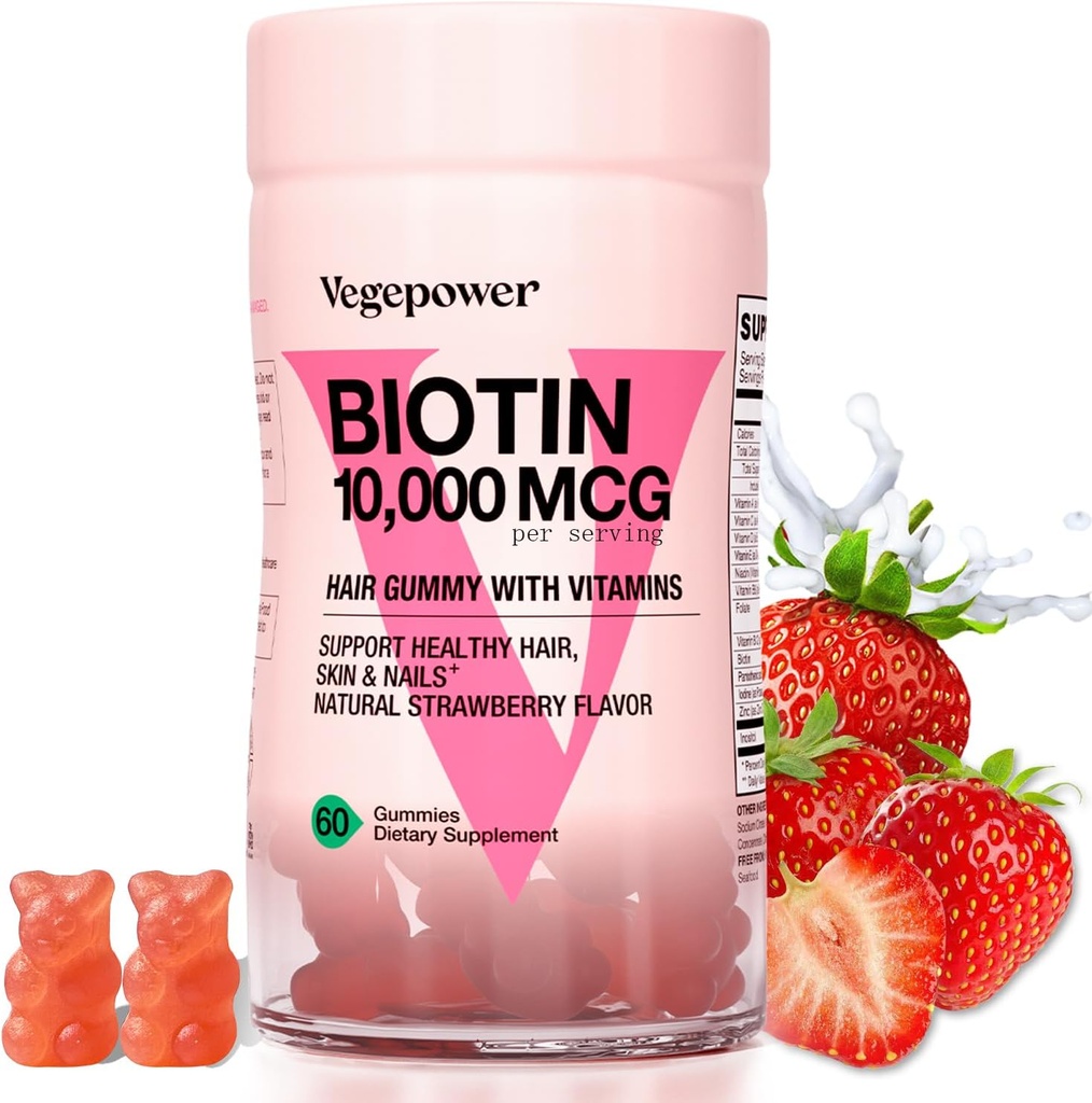 Hårvækst Gummier med Biotin 10,000mcg - Vegansk hårvitaminer Gummy til Yor sund hår, Hud & Nails, Tilføjet B- Complex, D-vitamin, vitamin A & Zink - Hår supplement til kvinder Mænd (60, Jordbær)
