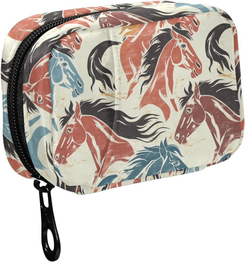 Fustylead Hand Draw Retro Colorful Horse Heads Pill Organizer for Purse, Weekly Portable Pill Box with Zipper to Storage Vitamins Fish Oils Medications Supplements