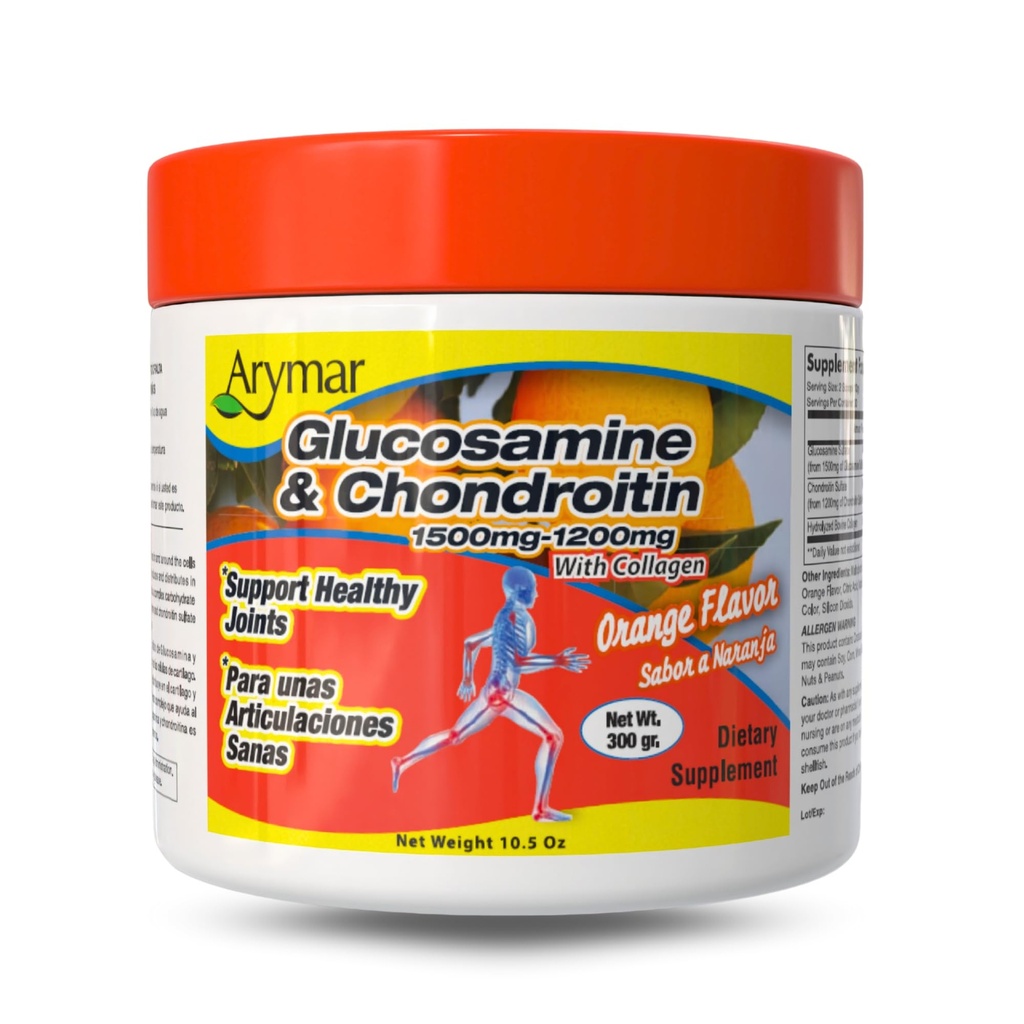 Arymar Glucosamin 1500 mg + Chondroitin 1200 mg med Collagen - Orange- Smagsfyldt fælles sundhedspulver, 300 g
