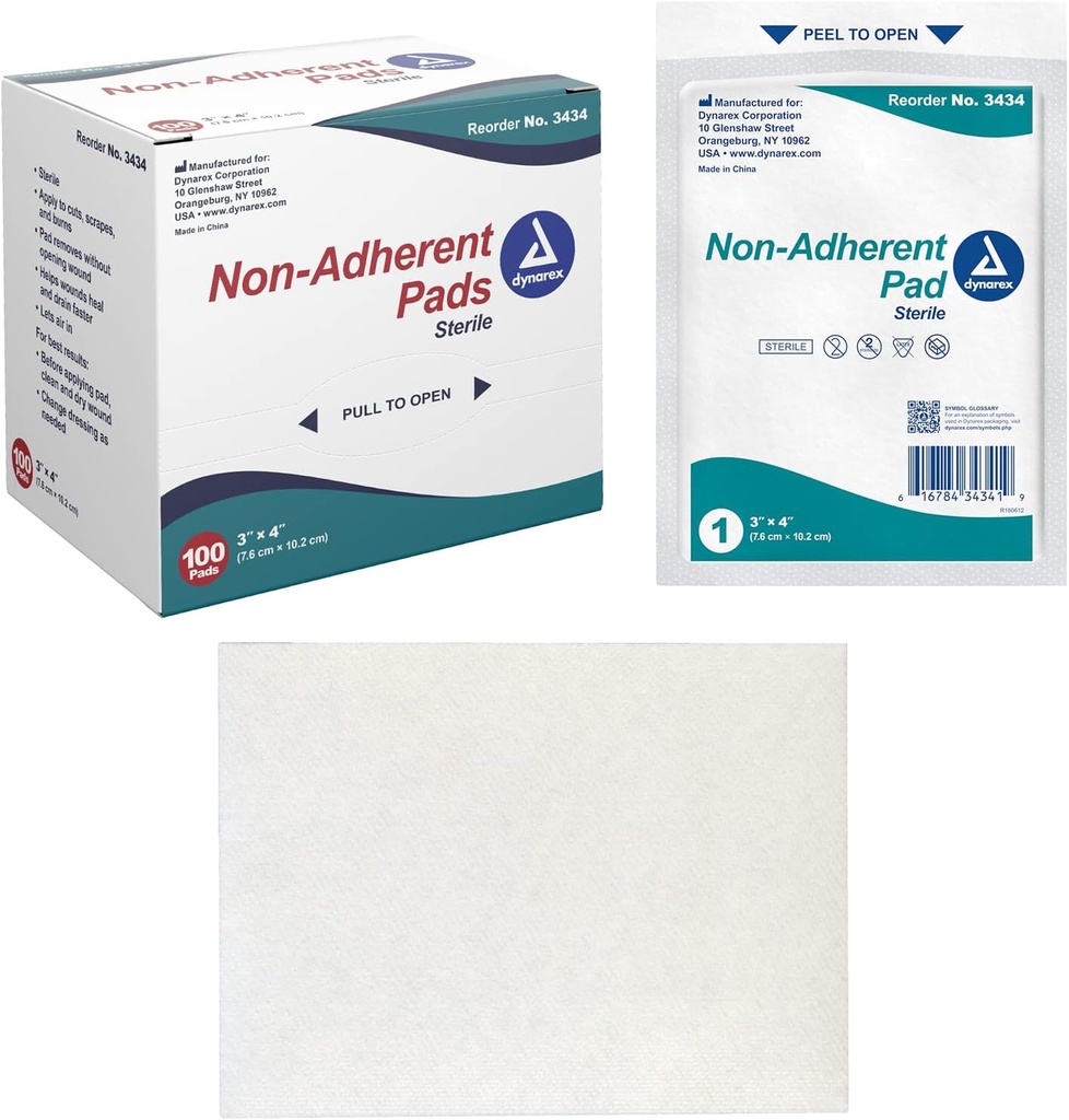 Dynarex Non- Adherent Pads- Steril, Individuelt pakket, Non- Stick Wound og Burn Care, Soft & Højt Absorbent, 3 "x 4", 1 Æske med 100 Non- Adherent Pads- Steril