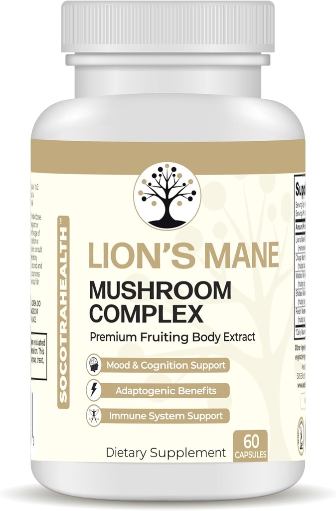 Lions Mane Mushroom Supplement - Premium Fruiting Body Extract - med Chaga, Maitake, Shiitake, Reishi - Mood, Brain og immunforsvar, Adaptogen - Non- GMO - 60 Veganske kapsler