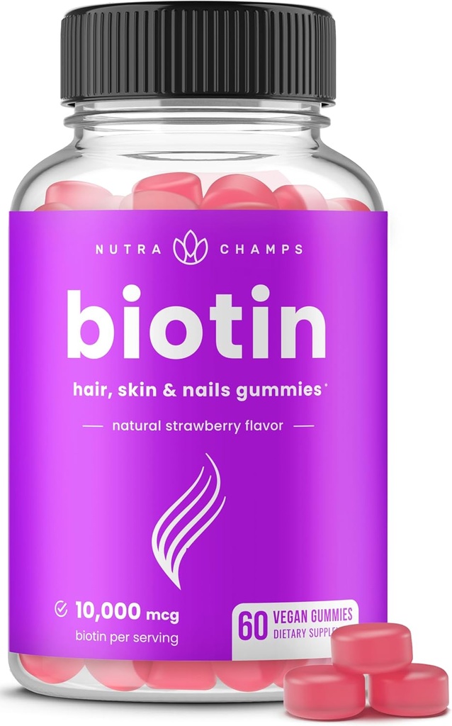 NutraChamps Biotin Gummies 10000mcg [høj potens] for sundt hår, hud & negle Vitaminer for kvinder, mænd & børn - 5000mcg i hver hår Vitaminer Gummy - Vegan, non-GMO, hår sundhed supplement