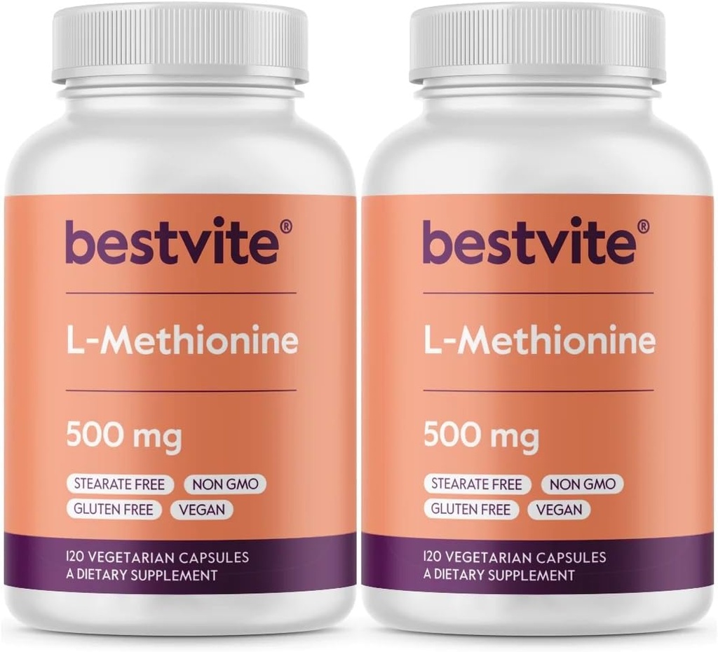 BESTVITE L- methionin 500mg (240 vegetariske kapsler) (120x2) - Ingen stearater - Vegan - Non GMO - Gluten Free