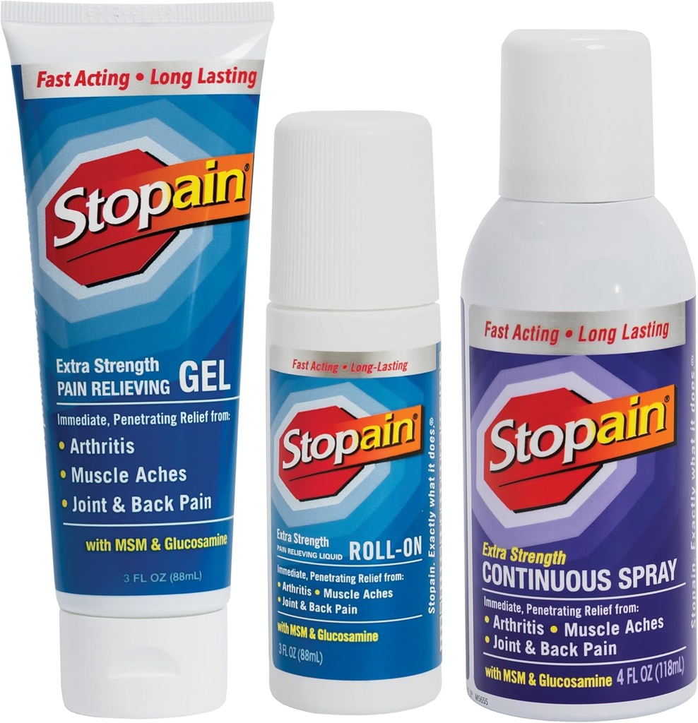 Stopain Pain Relief Combo Set (Gel, Roll On, Spray) USA Made, Max Strength Fast Funktion med MSM, Glucosamin, Menthol til nedre ryg, Knee, Neck HSA FSA Topical Analygesic Products