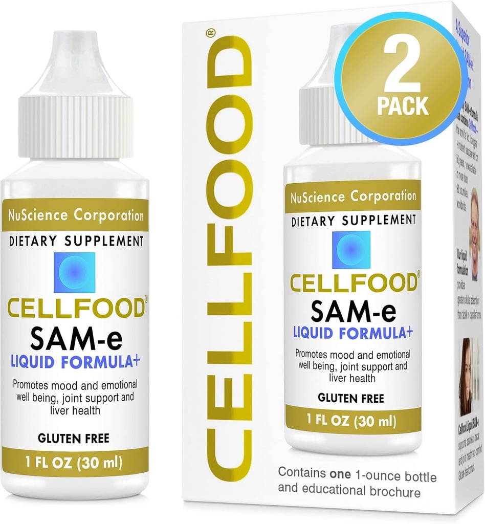 Cellfood SAM- e Flydende Formel + - 1 fl oz, Pakke med 2 - Nemmere Absorption & Bedre Biotilgængelighed - Gluten Free, Non- GMO - 60- Day Supply