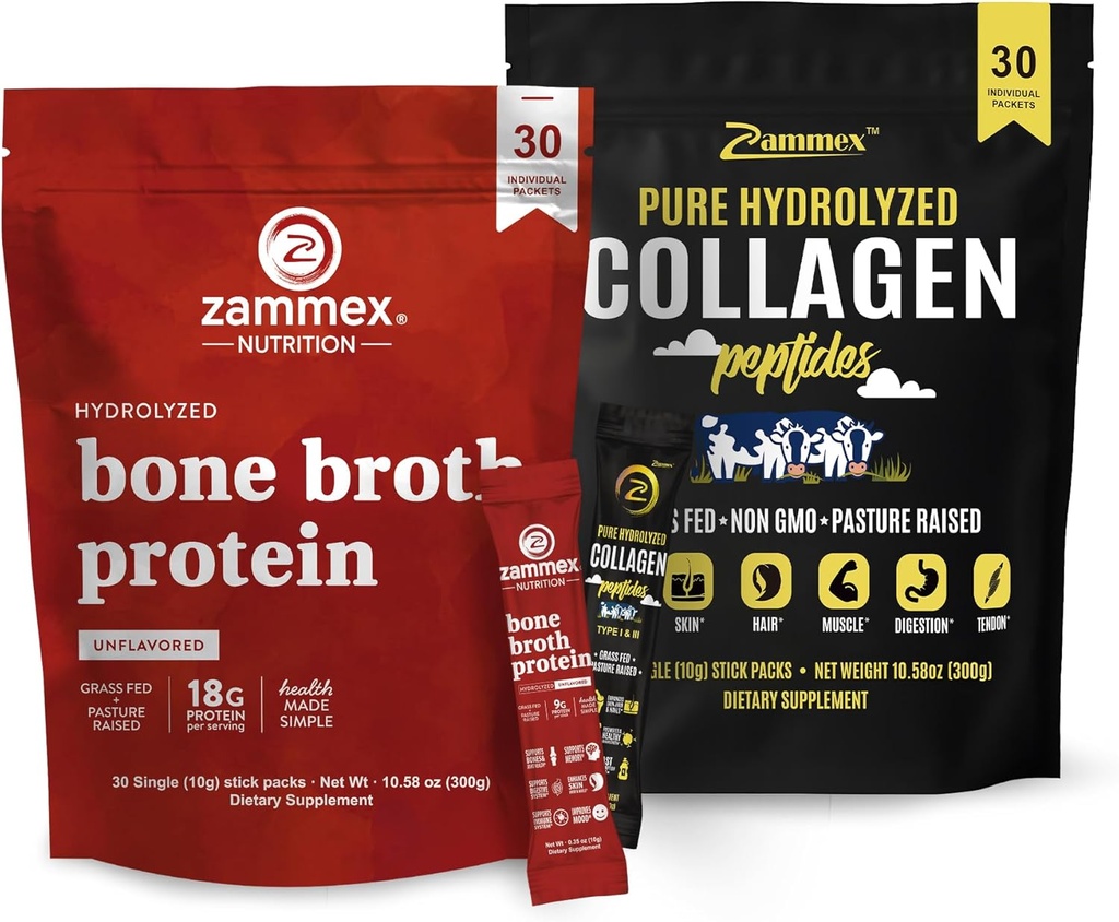 Bone Broth Protein Powder Packets + Collagen Peptider Powder Travel Packets (Type I, III)