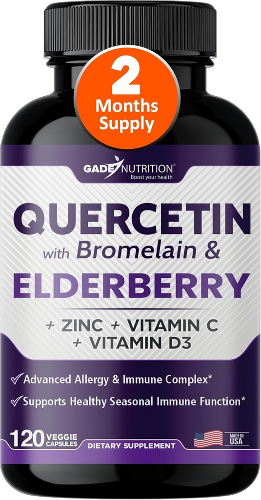 Gade Nutrition Quercetin with Bromelain & Elderberry | Quercetin with Vitamin C and Zinc | Zinc Quercetin 500mg with Vitamin D3 | Daily Immune Support Supplement - 2 Months Supply