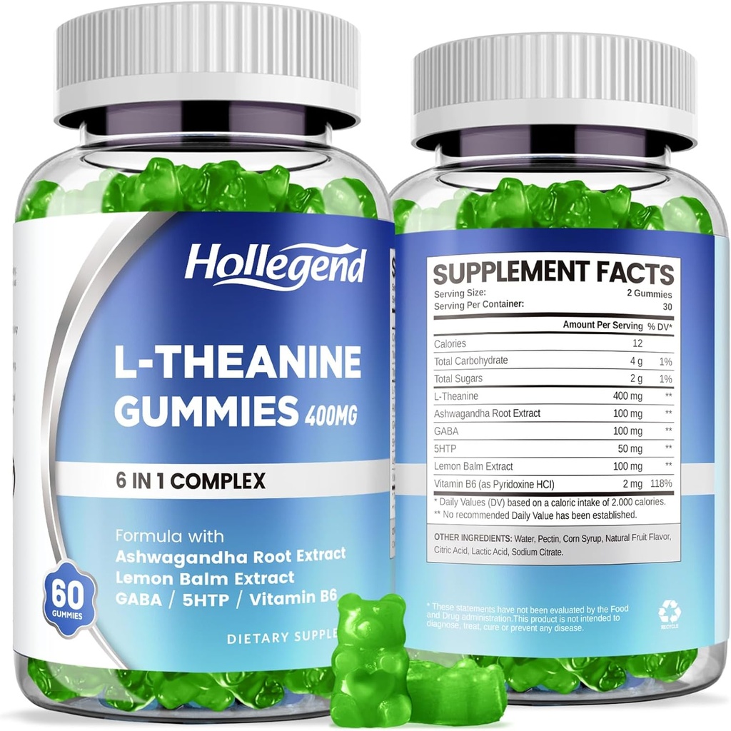 L- Theanine Gummies, l 'theanine 400mg med Ashwagandha, GABA, 5htp, L- Theanine Chewable Supplement til afslapning, Zzz & Focus Support, Vegan, Lemon Flavor, 120 Counts