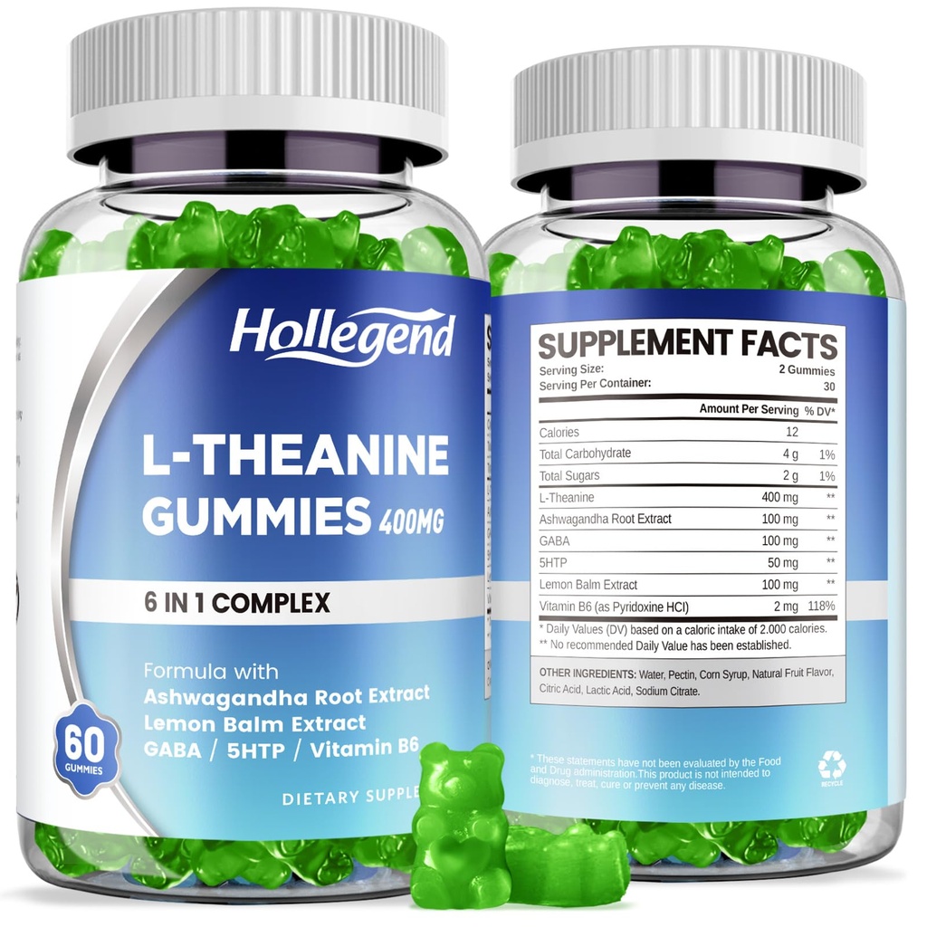 L- Theanine Gummies, l 'theanine 400mg med Ashwagandha, GABA, 5htp, L- Theanine Chewable Supplement til afslapning, Zzz & Focus Support, Vegan, Lemon Flavor, 120 Counts