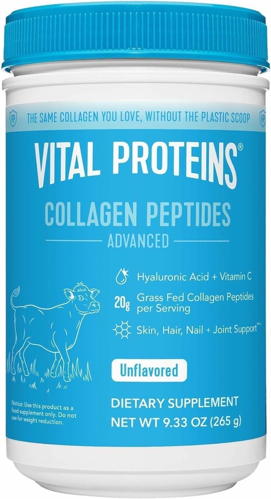 Vital Proteins Grass Fed Collagen Powder Supplement Hydrolyserede Peptider med Hyaluronsyre og C-vitamin - non-GMO, Dairy & Gluten Free Unflavored, 9.33oz