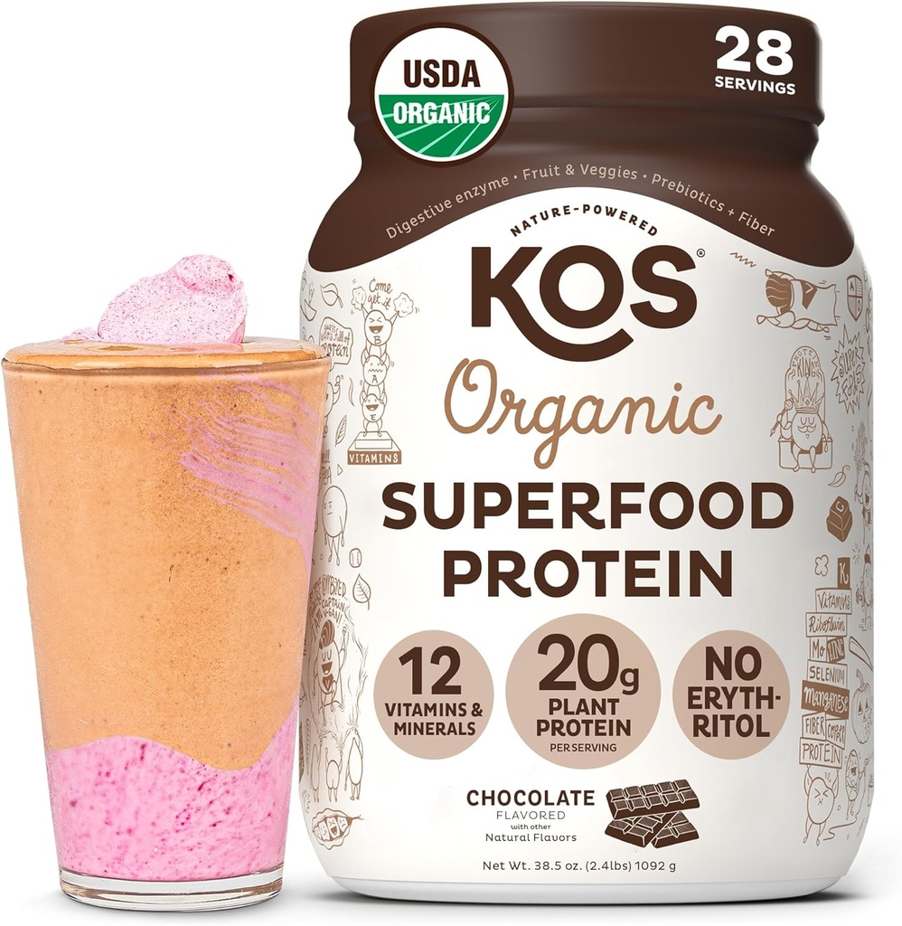 KOS Vegan Protein Powder Erythritol Free, Chocolate - Organic Pea Protein Blend, Plant Based Superfood Rich in Vitaminer & Minerals - Keto, Dairy Free - Meal Erstatning for Women & Men, 28 Servering