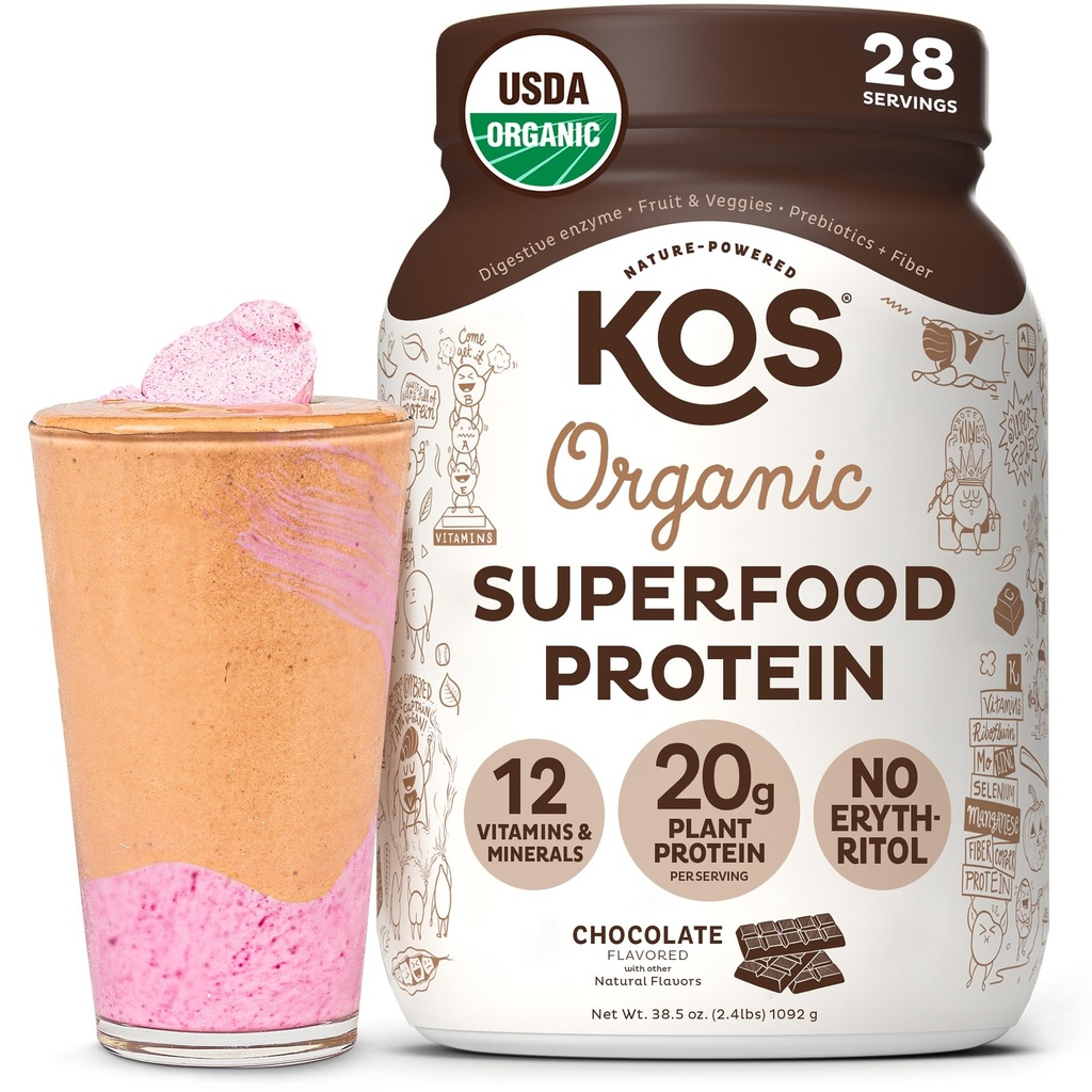 KOS Vegan Protein Powder Erythritol Free, Chocolate - Organic Pea Protein Blend, Plant Based Superfood Rich in Vitaminer & Minerals - Keto, Dairy Free - Meal Erstatning for Women & Men, 28 Servering