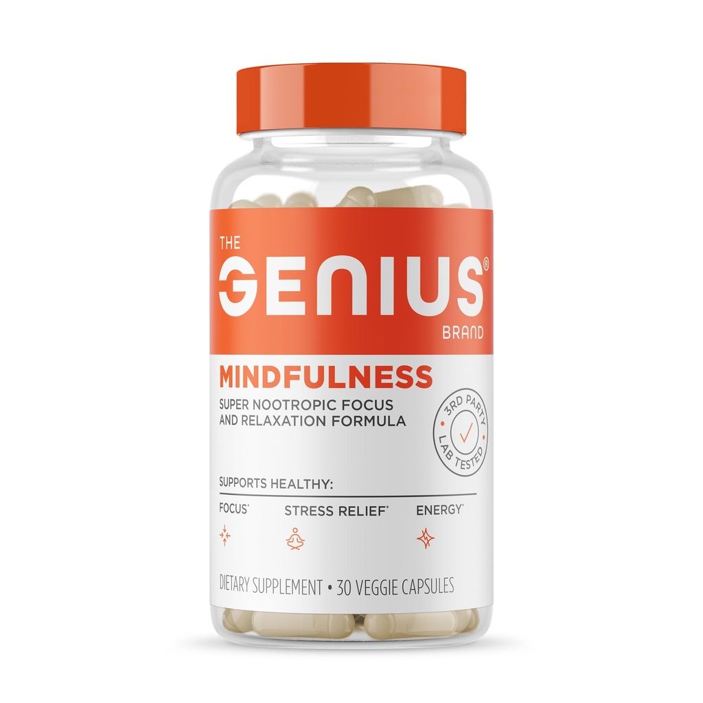 The Genius Brand Genius Mindfulness - Brain Health Supplement - Understøtter sunde Mindsets - Rolig, Energi, Memory & Focus Support - Ashwagandha, NeuroFactor & Mere - 30 Veggie Pills