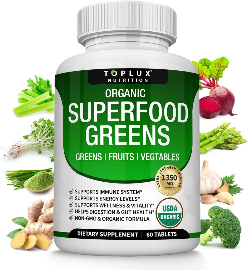 Organic Super Green Capsules Superfood Fruit Veggie Supplement - 28 kraftfulde naturlige ingredienser med Alfalfa, Beet Root, Tart Cherry & Ingefær til immunforsvar & energistøtte, for mænd kvinder, 60 tabletter