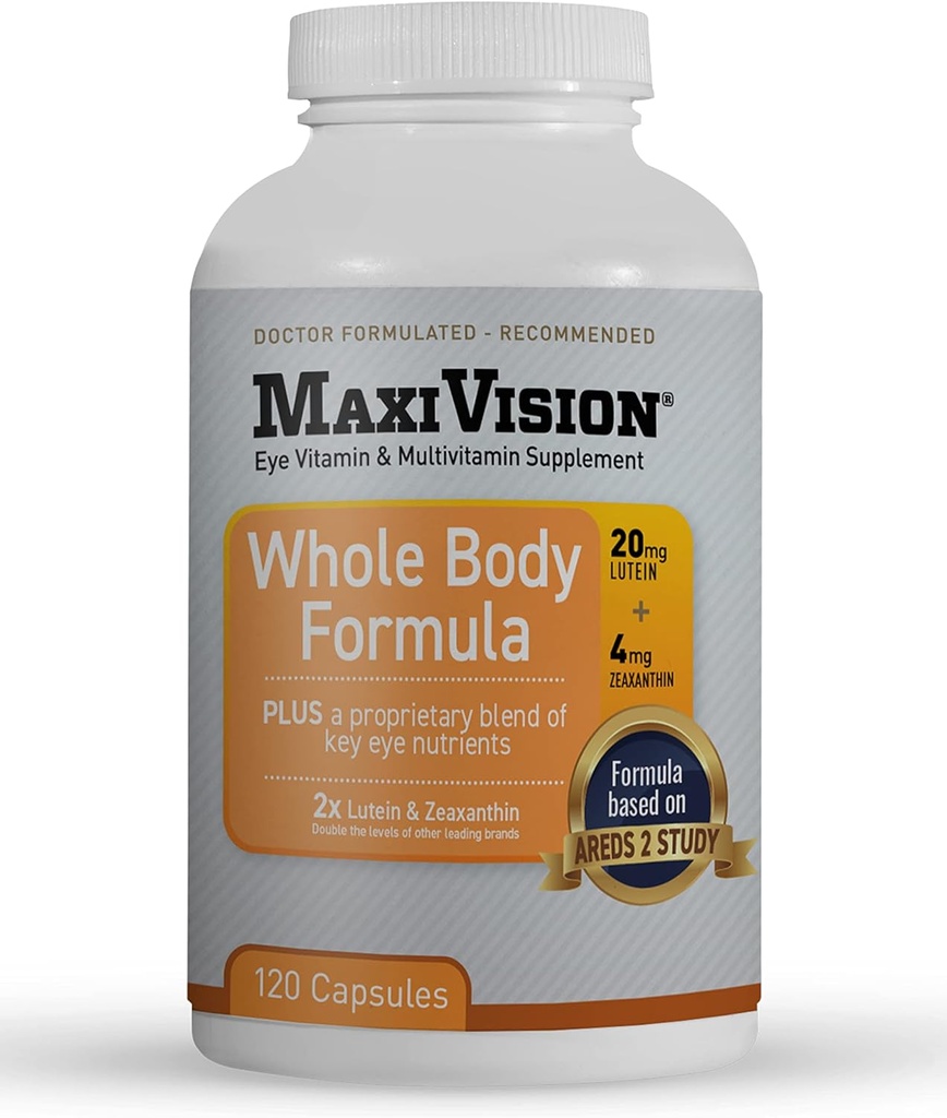 MaxiVision ® AREDS 2 Hele Body Formel - AREDS 2 Eye Vitaminer w / Lutein og Zeaxanthin - til makulær støtte - Eye Supplements for Eye Strain - 120 Kapsler Tæl, 1 flaske