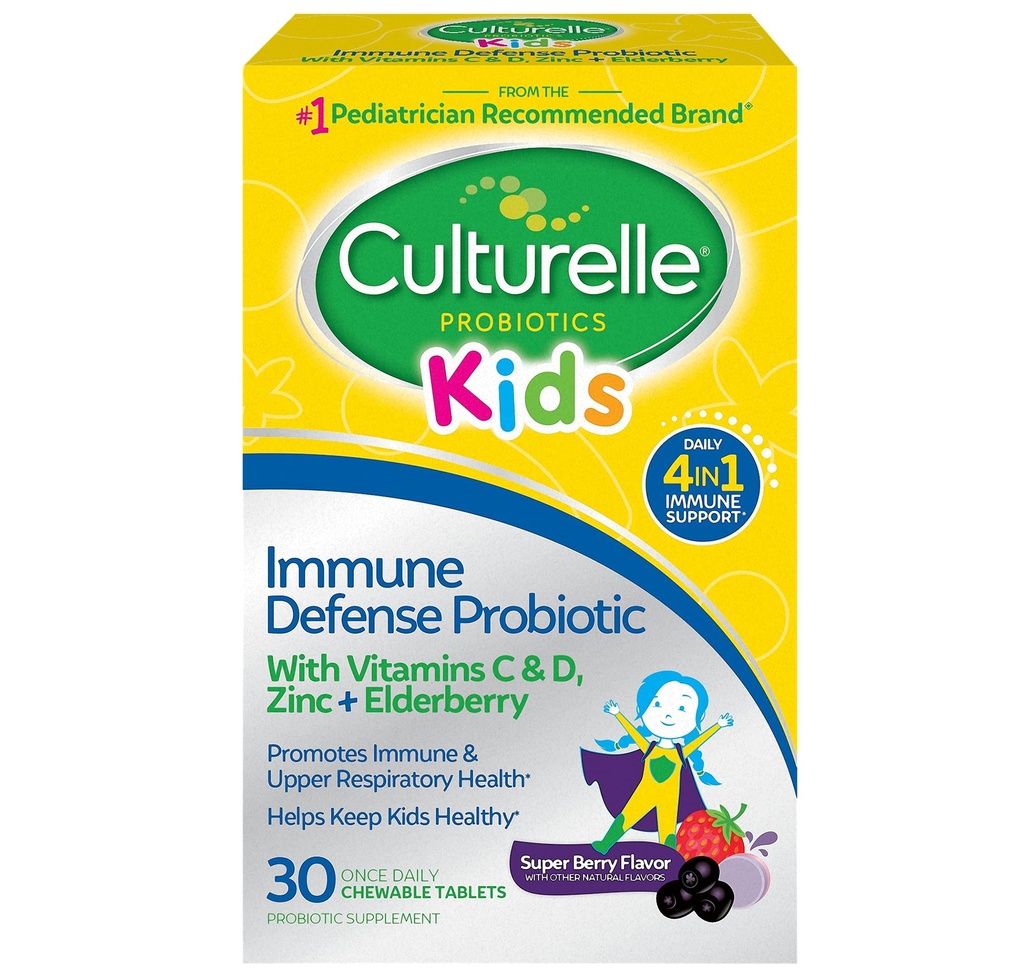 Kulturelle immunforsvar Probiotisk med C-vitamin, D-vitamin og zink + Elderberry, non-GMO, 4-in-1 immunstøtte til børn i alderen 3 + *, blandet berry tyggebånd, 30 greve