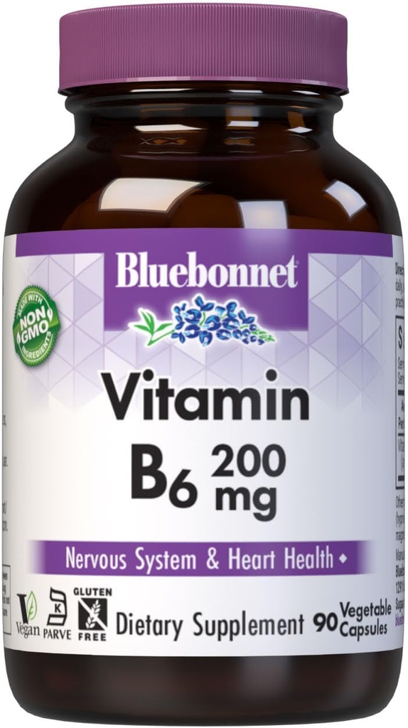 Bluebonnet Nutrition Vitamin B6 Vegetabilske kapsler, 200 mg, For cardiovaskulære og nervesystem Sundhed, Soja Free, Gluten Free, Kosher, Dairy Free, Vegan, Non- GMO, 90 Vegetabilske kapsler, 90 Servering