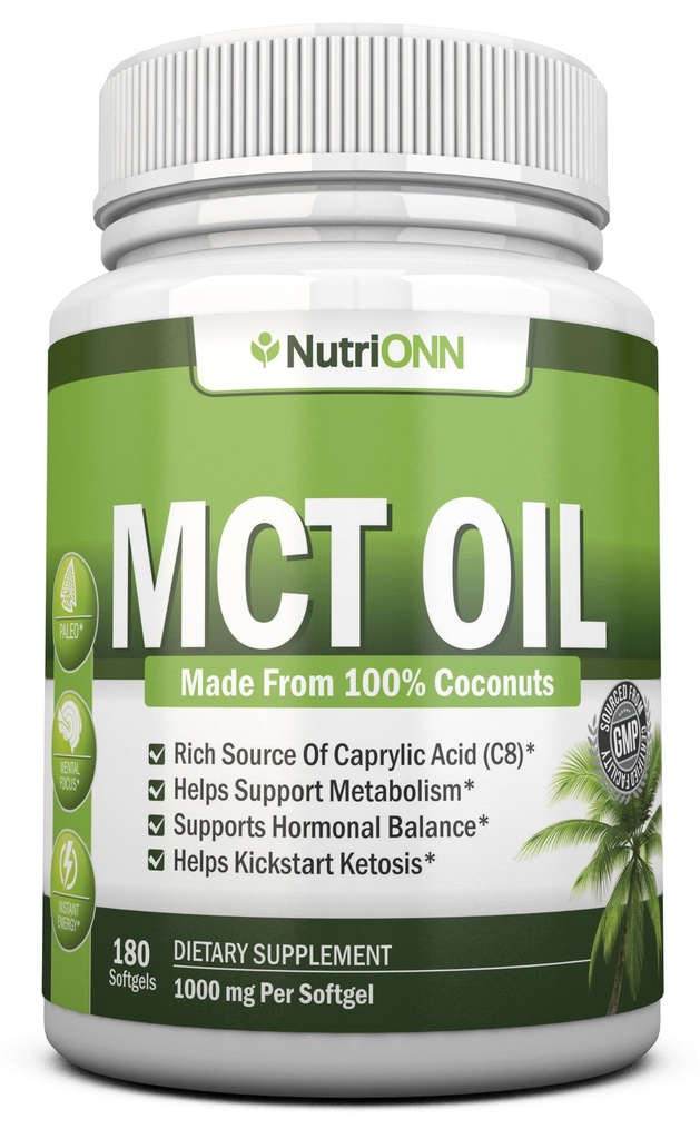 MCT Oil - 3000mg Per Servering - 180 Softgels - Fremstillet af 100% økologiske kokosnødder - Ikke GMO, koldpresset, Paleo Friendly Capsules - Great for Focus & Gut Health