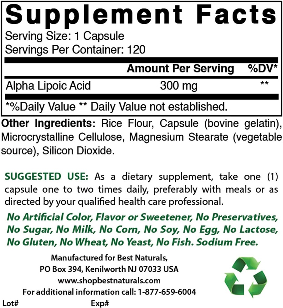 Bedste Naturals Alpha Lipoinsyre 300 mg & Magnesium Glycinat 425 mg