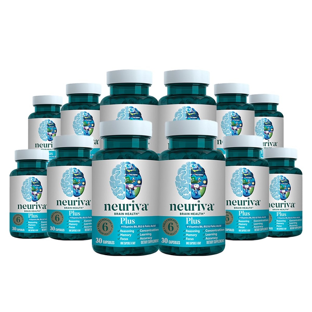 NEURIVA Plus Brain Supplement for hukommelse, fokus og koncentration + kognitiv funktion med klinisk testet Nootropics Phosphatidylserin og Neurofaktor, VIT B6 & B12, 30 Count Capsules (12 Pack)
